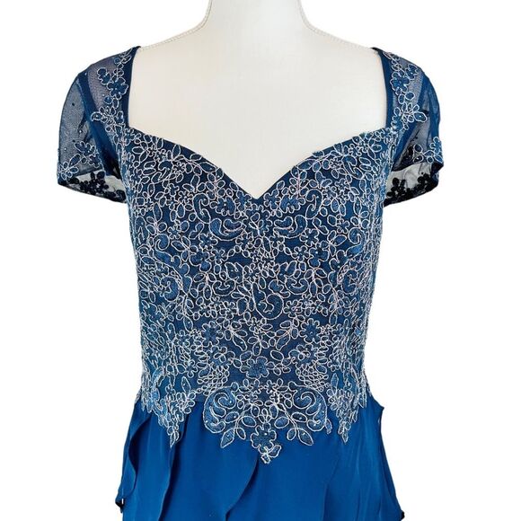 XSCAPE‎ Blue Sheer Cap Sleeve Floral Dress Gown 10 Tiered Ruffles Wedding Prom - Picture 4 of 16